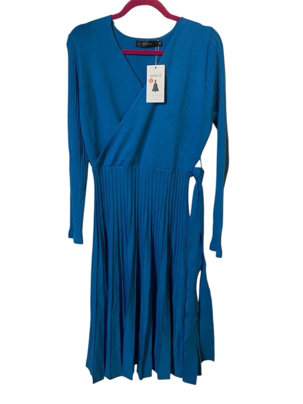 ZESICA Blue Wrap VNeckline Ribbed Knit Pleated Pullover Sweater Dress Medium NWT - Picture 2 of 6